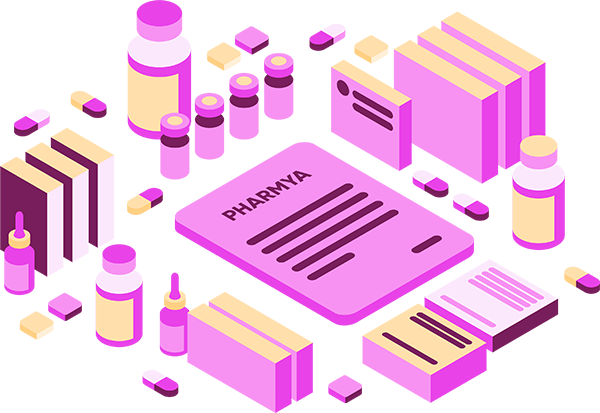 Illustration qui représente des médicaments, des produits pharmaceutiques et biochimiques autour d'un dossier intitulé "Pharmya"